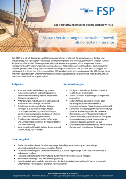 Aktuar / Versicherungsmathematiker - als Senior Consultant Insurance (m/w/d)
